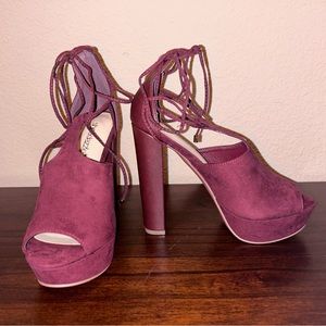 Shoe Dazzle - “Marlena” Bordeaux Platform Wrap Heels